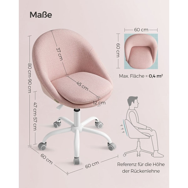 Rootz Pink Drejestol - Behagelig lænestol - Roterende sæde - Stålstel - Bomuld-hør-blanding - Justerbar højde - 60 cm x 60 cm x 80-90 cm