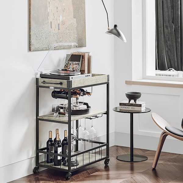 Rootz Modern Design 3-kerroksinen keittiövaunu tarjoiluvaunu, jossa viiniteline metallia ja MDF-levyä