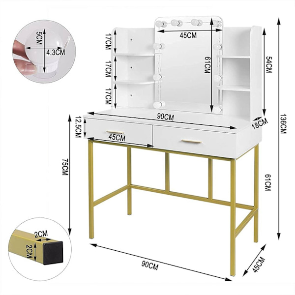 Rootz Sminkbord med spegel - Sminkbord - Sminkbord - Gott om förvaring - Justerbar LED-belysning - Hållbar konstruktion - 45 cm x 136 cm x 90 cm