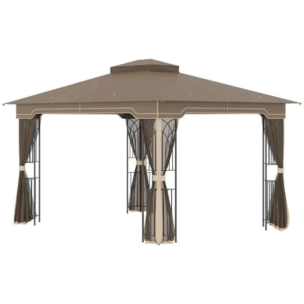 Rootz Gazebo - Puutarhapaviljonki - Puutarhateltta - Juhlateltta - Hyönteisverkot ja kulmahyllyt - Metalli/polyesteri - Ruskea/Beige - 3,7 x 3 m