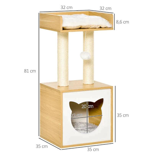 Rootz Cat Nest - Skrapstolpe - Cat Cave - 2 mjuka kuddar Kattträd med säng - Kattskrapstolpe - Natur - 35 x 35 x 81 cm