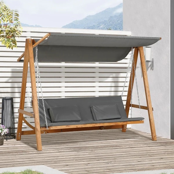 Rootz Hollywood Gynge Med Sengefunktion - 3-personers Havegynge Med Tag - Hollywood liggestol - Haveseng - Fyrretræ - Polyester - Grå + Teak - 225,5 x