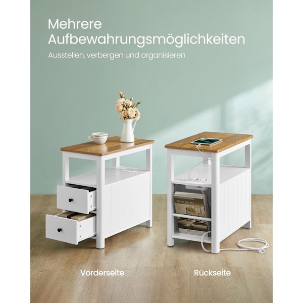 Rootz Sidebord med Power Strip - Endebord - Natbord - Træspånplade - MDF - Valnød Brun-Hvid - 60 cm x 35 cm x 60 cm - 17 kg - 90 kg Max belastningskap