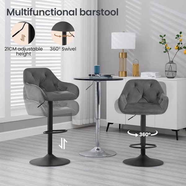 Rootz Ergonomic Justerbar Barstol - Komfortabelt fløjlssæde - Drejelig bordstol - Stabil metalbund - Moderne design - Mørkegrå/sort - 37 cm x 37,5 cm