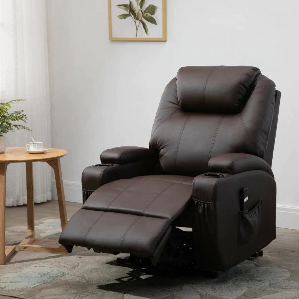 Rootz afslapningsstol - Ståhjælp - Inklusiv fjernbetjening - Kopholder - Justerbart ryglæn - Kunstlæder - Brun - 84L x 92W x 109H cm