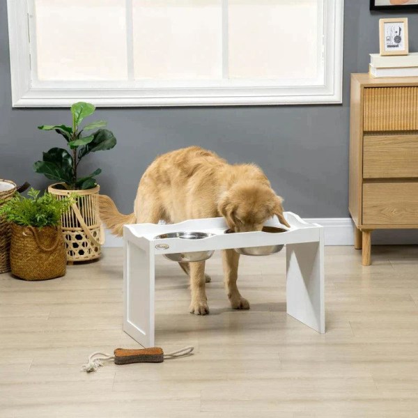 Rootz Foderstation - Skålstativ - Hundefoderstation - 2 fodringsskåle - Til store hunde - Rustfrit stål/MDF - Hvid - 63 x 30 x 24cm