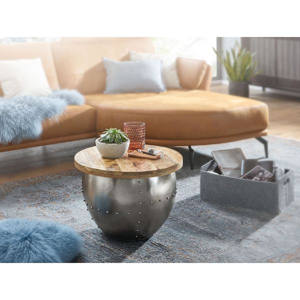 Rootz soffbord Mango massivt trä - metall 60x43x60 cm industriell stil runt - Design vardagsrumsbord med förvaringsutrymme - Modernt loungebord soffbo