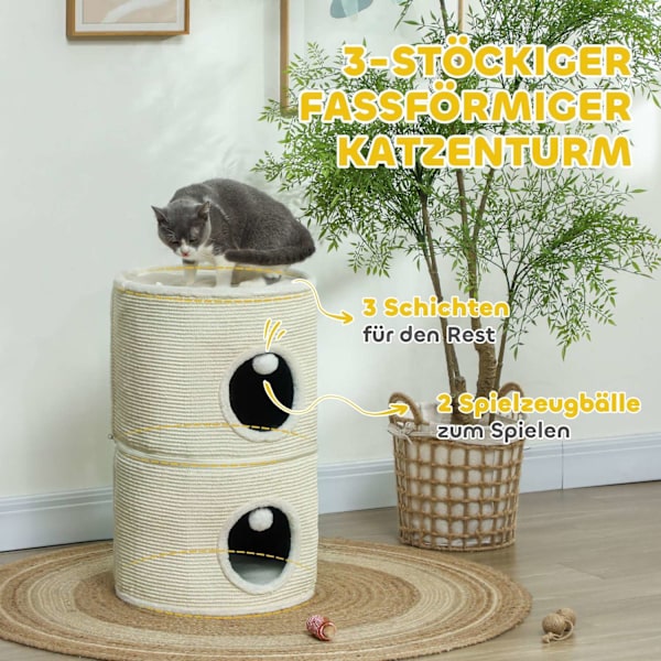 Rootz 3 Tier Cat Scratching Barrel - Cat Tower - Indoor Cat House - Sisal Cover skyddar möbler - Ø42 x 69H cm - Grå