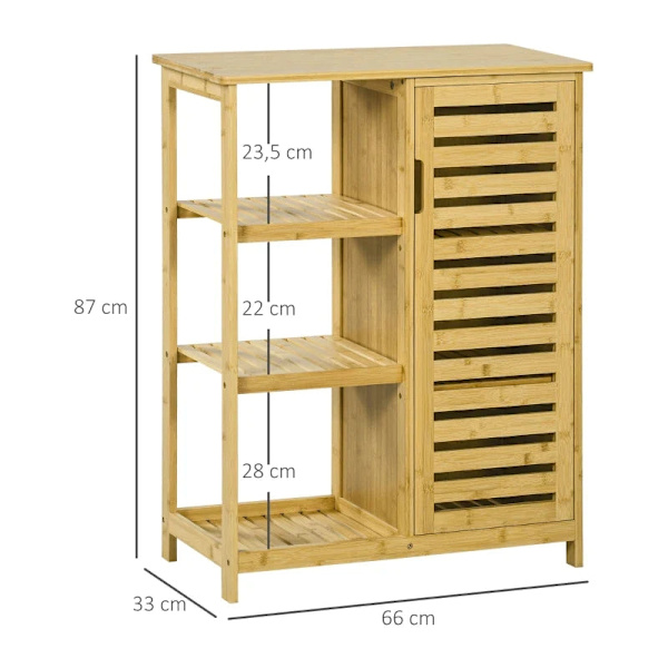 Rootz badeværelsesskab - 3 hylder - Luftcirkulation - 1 skab - Anti-tip design - Lameldøre - Bambus - Naturligt træ - 66L x 33W x 87H cm