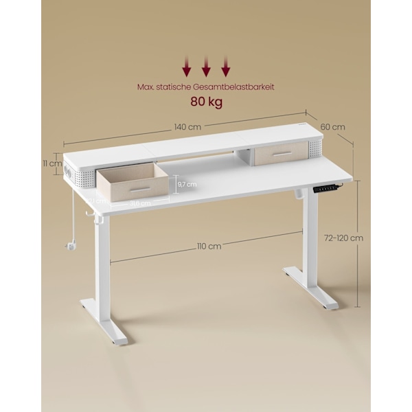 Rootz Cloud White Desk - Työpöytä - Kirjoituspöytä - Lastulevy - Teräsrunko - Oxford-kangas - Säädettävä korkeus - Säilytyskoukut - Helppo koota - 60c