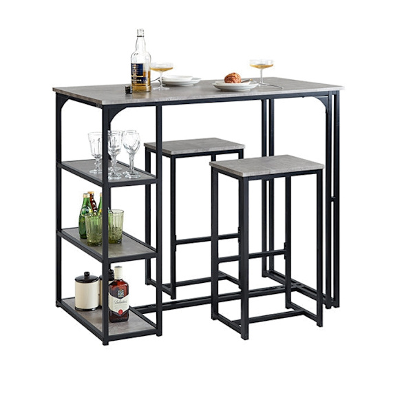 Rootz 3-delade barbordsset - Matbord med 2 pallar - Köksbänkset - Platssnål design - Robust metallstomme - Idealisk för kök, matsal, trädgård - Ljusgr