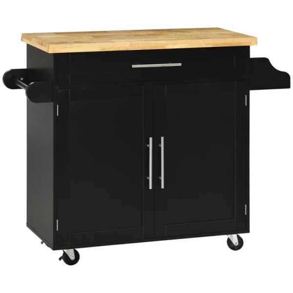 Rootz Køkkenvogn - Køkkenø - Serveringsvogn - 1 krydderihylde - 1 håndklædeholder - Gummitræ - Sort - 109L x 40W x 89H cm
