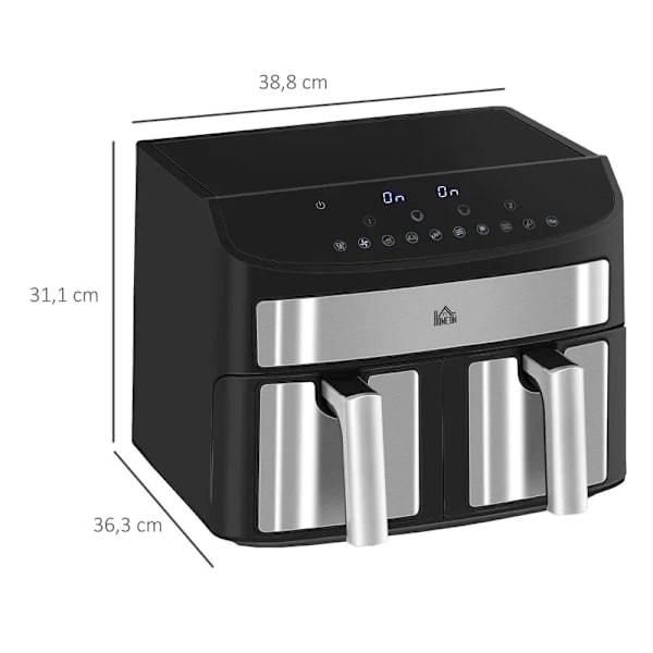 Rootz Hot Air Fryer - Multifunktionell Hot Air Fryer - 8 L Kapacitet - 2 korgar - 60 min tid - Silver + Svart - 38,8L x 36,3W x 31,1H cm
