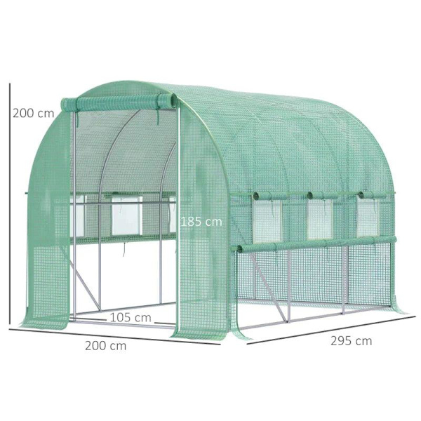 Rootz Greenhouse - Folieväxthus - Tunnel Walk-in Växthus - Planthus - Folietält - 6 fönster - UV-skydd - Grön - 2,95 x 2 x 2 m