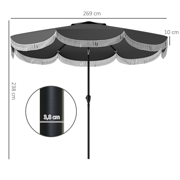 Rootz Ø269CM Parasol - Garden Sunshade - Balkonskærm - UPF 30+ UV -beskyttelse - Ø2.69m x 2,38m - Grå