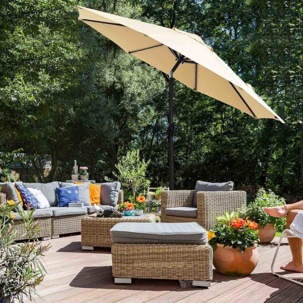 Rootz 2,7 m LED-belyst terrasseparaply - Udendørs parasol - Solskærm - Romantisk atmosfære - UV-beskyttelse - 180 g/m² polyesterstof - 270 cm x 270 cm