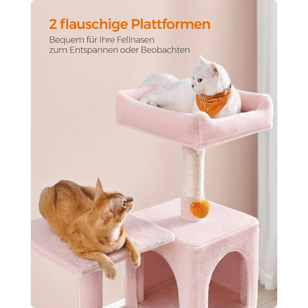 Rootz Cat Skrapstolpe - Kitty Tree - Cat Tower - Chipboard Plysch Sisal - 55cm x 45cm x 143cm - Pastellrosa - Robust konstruktion - Flera katter - Enk