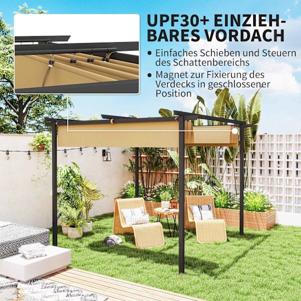 Rootz 3x3m Garden Pergola - Justerbart soltak - Metallram - UPF30+ Skydd - Perfekt för terrass - 300 cm x 300 cm x 227cm