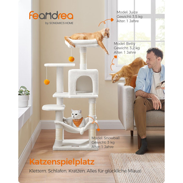 Rootz Cat Tree Skrapstolpe - Gräddvit - Cat Condo - Chipboard Plysch Sisal - 45cm x 35cm x 112cm - Heavy Duty - Idealisk för 4 katter
