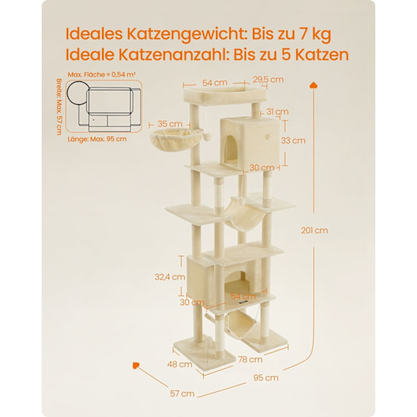 Rootz Large Cat Tree - Cat Scratching Post - Plush Pet Tower - 201 cm højt med platform - brun - 78 cm x 48 cm x 201 cm