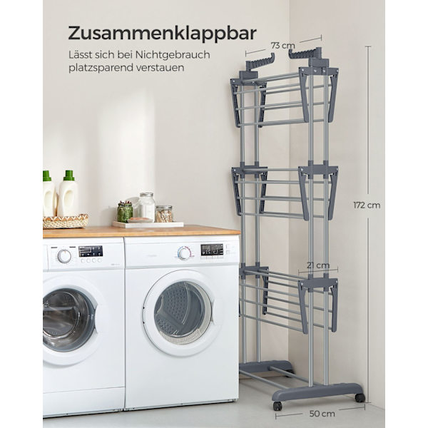 Rootz grått tvättställ i stål och plast - Tvättställ - Torkställ för kläder - Vikbar design - Lättvikt - Utrymmesbesparande - 64 cm x 126 cm x 172 cm