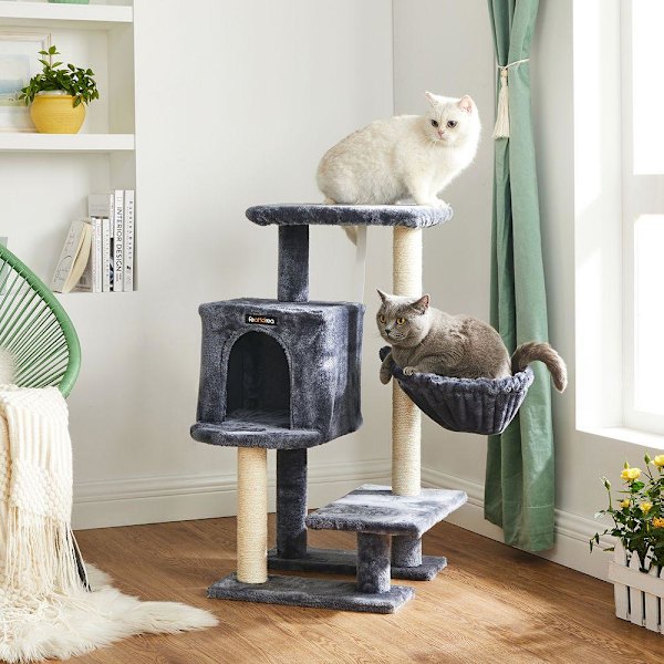 Rootz skrapstolpe - Kattskrapstolpe - Kattträdskrapstolpe - Golvstående skrapstolpe - Med solyta - Rökgrå - 46 x 41 x 84 cm