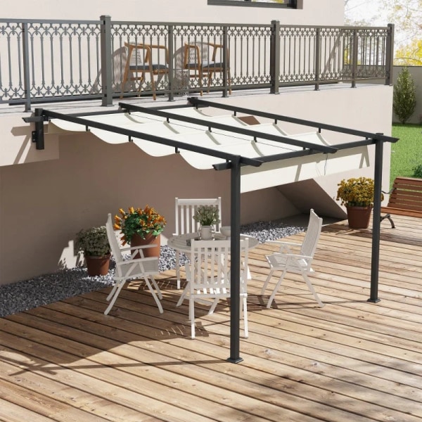 Rootz Garden Gazebo - Infällbart tak - Väggmonterad - Metallram - Stål - Polyester - Krämvit - 297L x 297W x 200/230H cm