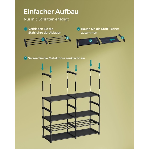 Rootz Skoställ Organizer - Förvaringsställ - Skoställ - Stålram - Hyllor i non-woven tyg - PP plastkontakter - 29,5 cm x 86,9 cm x 157,6 cm - Bläck Sv