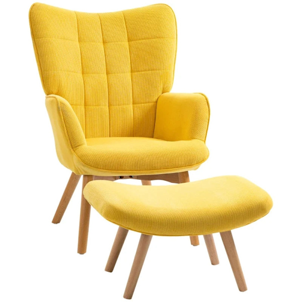 Rootz Accent Chair - Scandi Design - Med osmannisk - Lænestolesæt - Home Decor Stol - Bøgetræ - Cord Look - Gul - 72L x 80W x 99H cm