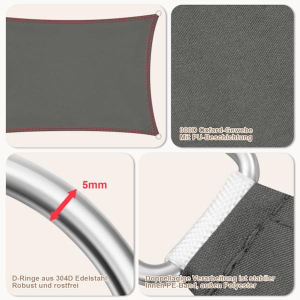 Rootz Premium Sun Sail Shade - Baldakin - Solsejl - UV-beskyttelse - Vandtæt - Holdbar - 200g/m² PES-stof - Flere størrelser tilgængelige