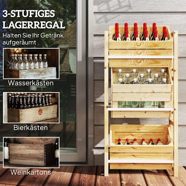 Rootz Beverage Crate Shelf - Träagringsstativ - 3 -Tier Box Organizer - Natural Spruce Wood - 56 x 32 x 112 cm - Perfekt för fester & BBQS