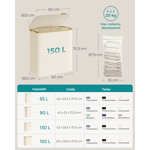 Rootz Portable Cream White Folding Tvättkorg - Korg - Hopfällbar förvaringsfack - 600D Oxford-tyg - Bambu - Glasfiberstänger - Lättvikts - Hållbar - U