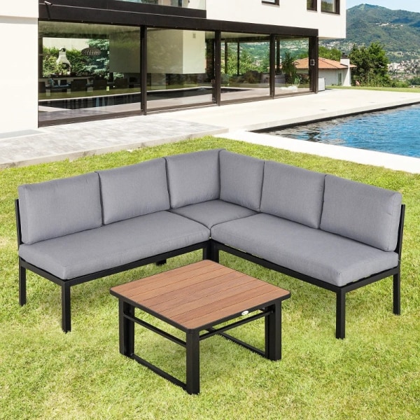 Rootz Garden Set for 4 People - Garden Furniture Set with Liftable Coffee Table - Sofa with Cushions - Outdoor - Aluminum - Gray