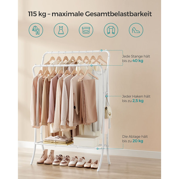Rootz Tøjstativ - Tøjstativ - Stålgarderobe - Kraftig - Skyhvid - 46 cm x 100 cm x 155 cm - 5,4 kg - 115 kg Kapacitet