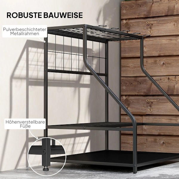 Rootz Garden Tool Storage Frame - Garden Tool Organizer - 3 -trins hylde - Rustresistente metal - 84 cm x 53 cm x 73 cm - Sort