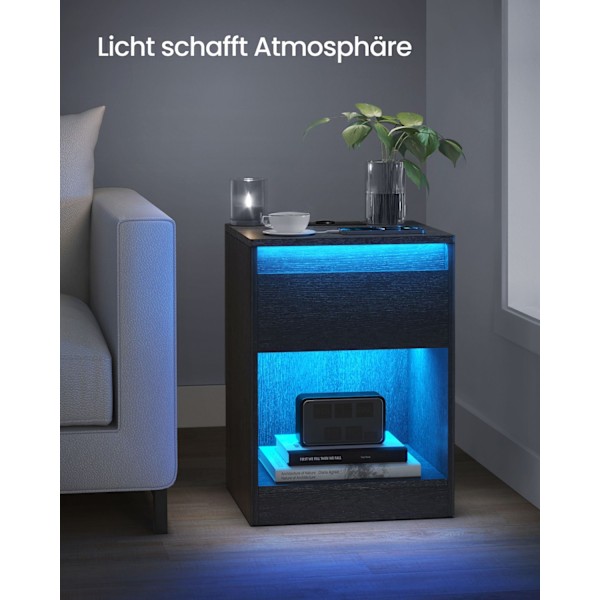 Rootz sengebord med stikkontakter - Natbord - Endebord - MDF spånplade - Rigelig opbevaring - 35 cm x 40 cm x 55 cm - Ask sort
