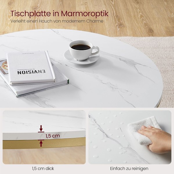 Rootz Marmor Hvid-Metallic Guld Sofabord - Stuebord - Moderne Centerbord - Spånplade - Hærdet glas - Stålstel - Justerbare fødder - Letvægts - Nem mon