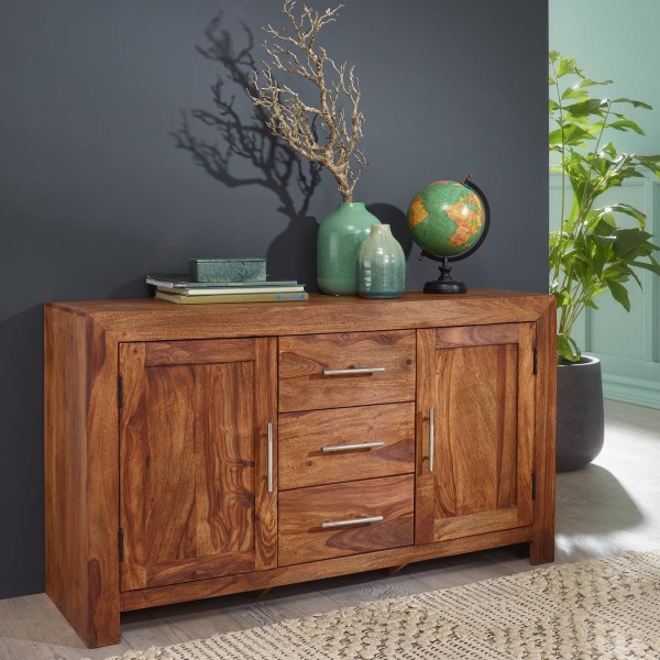 Rootz skänk massivt trä sheesham byrå 118 cm 3 lådor 2 dörrar design highboard lantlig stil brun natur