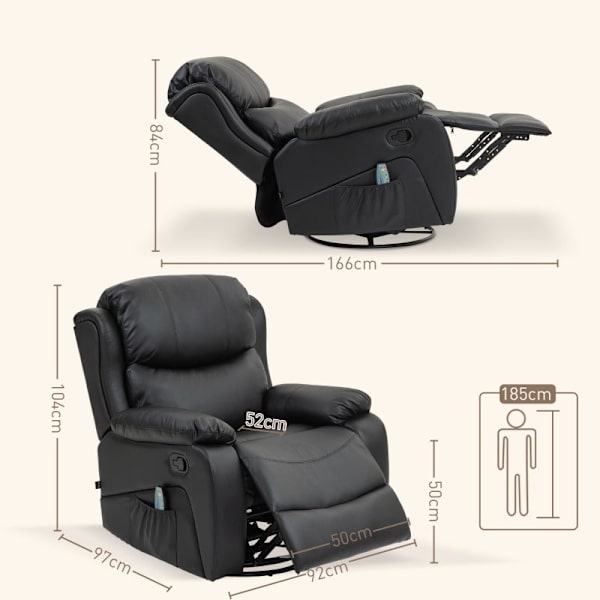 Rootz TV-lænestol med massagefunktion - Opvarmet biografstol - 360° rotation - Rocker Recliner - 8 massagepunkter - Tyk polstring - Fjernbetjening - 9