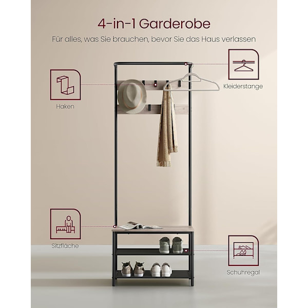 Rootz knagerække med anti-tip - garderobeskabe - Fritstående knageholder - spånplade stål polyester - Greige sort - 32,2 cm x 64 cm x 180 cm - Heavy D