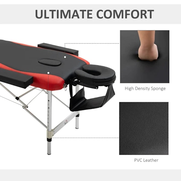 Rootz Foldemassageborde - Kosmetikborde - Højdejusterbart massagebord med nakkestøtte - Massageseng - Aluminiumskum - Plast - Sort + Rød - 215 x 60 x