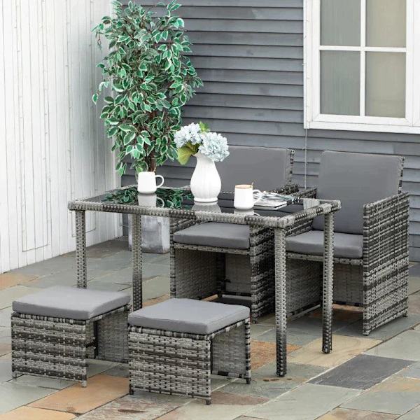 Rootz Poly Rattan siddegruppe - Spisesæt - Havesæt - 5 stykker med hynder - Grå - 120L x 60W x 72H cm