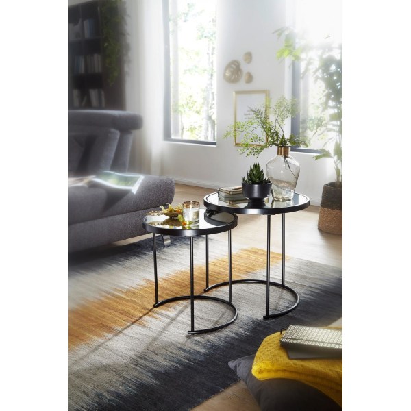 Rootz design sidobord runt Ø 50-42 cm - 2 st svart med spegelglas - Vardagsbord set om 2 - Nesting bord spegelvänt soffbord