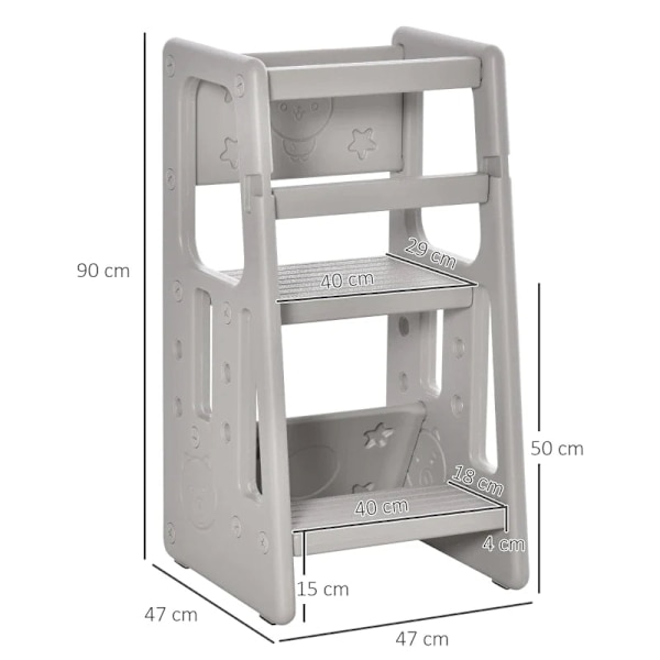 Rootz Kids Trin skammel - Læringstårn - 3-niveauer højdejusterbar - Spisestue - Skridsikre fødder - Robust plastik - Grå - 47 x 47 x 90 cm
