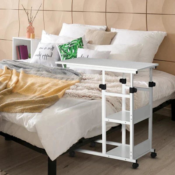 Rootz sidobord - Soffbord med hjul - Sängbord för matsal Vardagsrum - Justerbar i höjdled - 2 nedre hyllplan - E1 spånskiva - Metall - Vit - 80 x 40 x