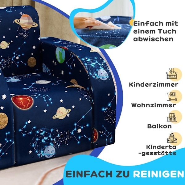 Rootz Kids Foldbar Lænestol - Børnesofa - Hyggelig seng - Multifunktionel - Planetmønster - Let at rengøre - Blå - Skum/Polyester - 46,5 cm x 93 cm x