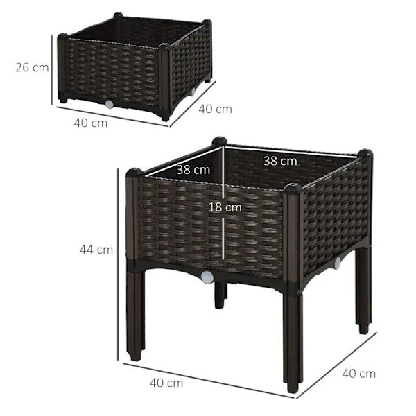 Rootz Garden Planter Box - Upphöjd bädd - Dräneringshål - Blomlåda - Utomhus - Brun - 40 x 40 x 44cm