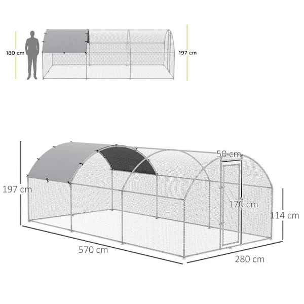 Rootz Chicken Coop - Husdjursbur - Utomhusfjäderfähus - Hönsbur - Ankhus - Kaninhus - Med skärm taklås - Silver - 280L x 570W x 197H cm