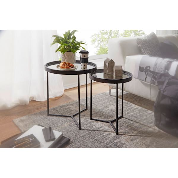 Rootz design sidobord runt Ø 50-36 cm - 2 stycken svart med spegelglasskiva - Vardagsbord set om 2 - Nesting bord spegelvänt soffbord