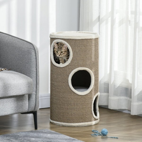 Rootz Cat Scratching Barrel - Kitty Condo - Cat Tree - Blødt plys - Sisal Rope - Sleep Cave - 38cm x 70cm - Brun